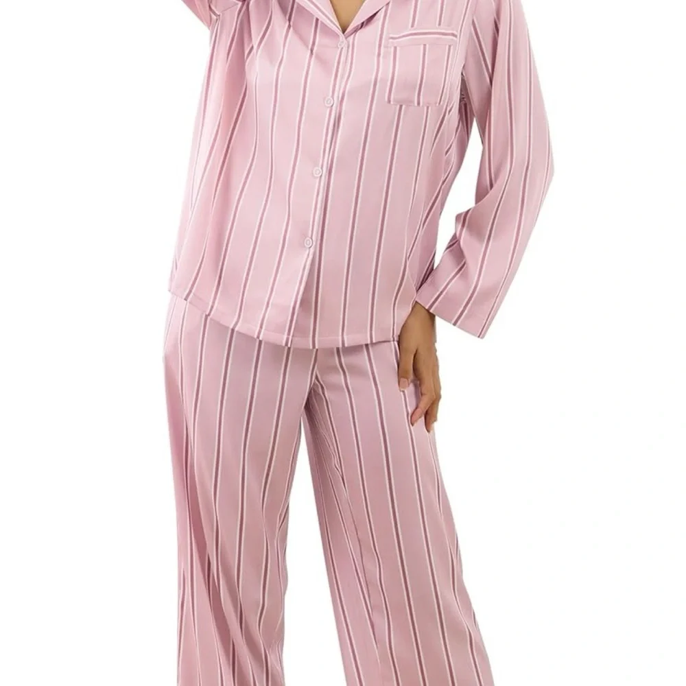 Chic Pink Striped Silky Pajama Pant Set XXL - Picture 1 of 9